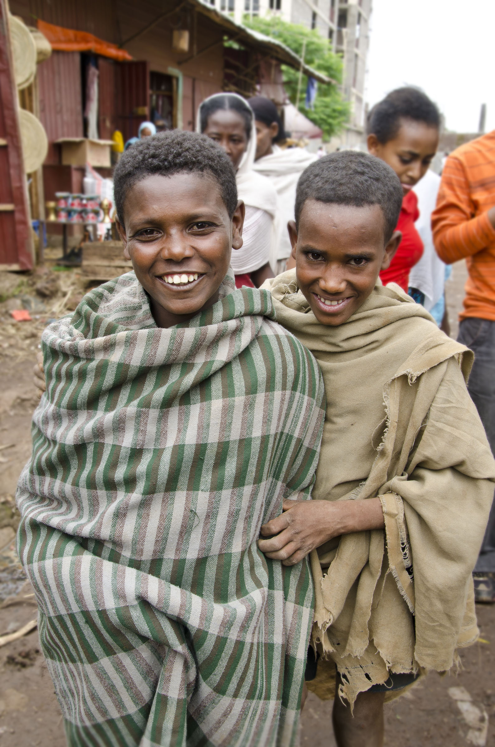 Teenage Ethiopian boys in traditional shawls