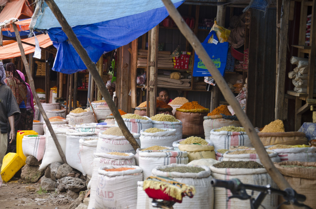 sacks of grain and pulses at a street market in Bahir Dar, Ethiopia